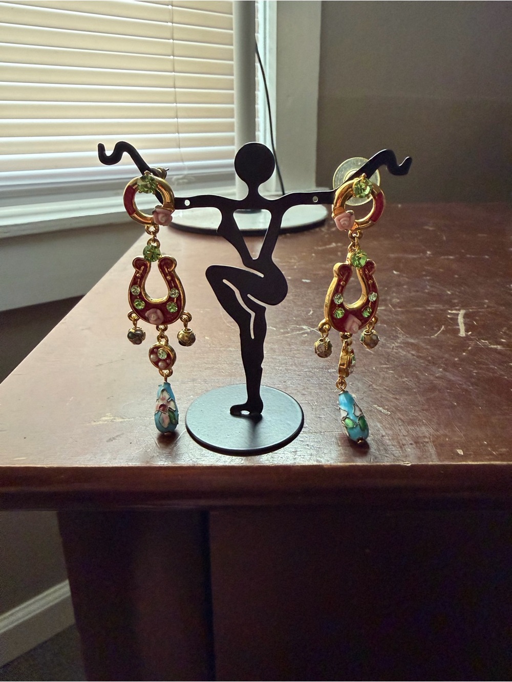 Vintage Gold Tone Horseshoe Dangle Earrings, Cloisonne Drop